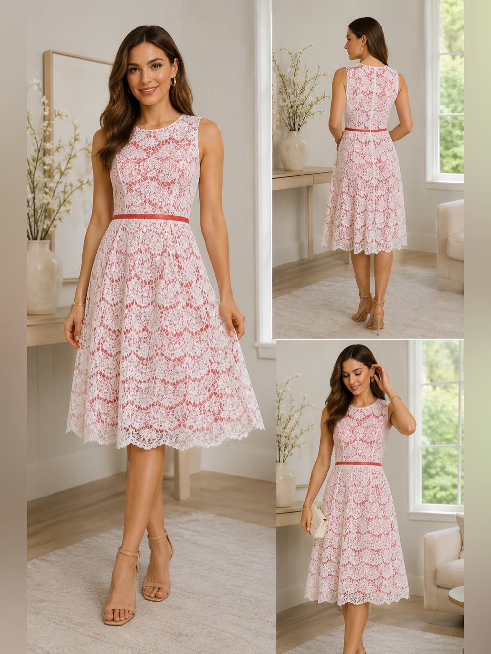 Elle Coral‎ & White Lace Fit & Flare Midi Dress Size 6 Wedding Guest Cottagecore